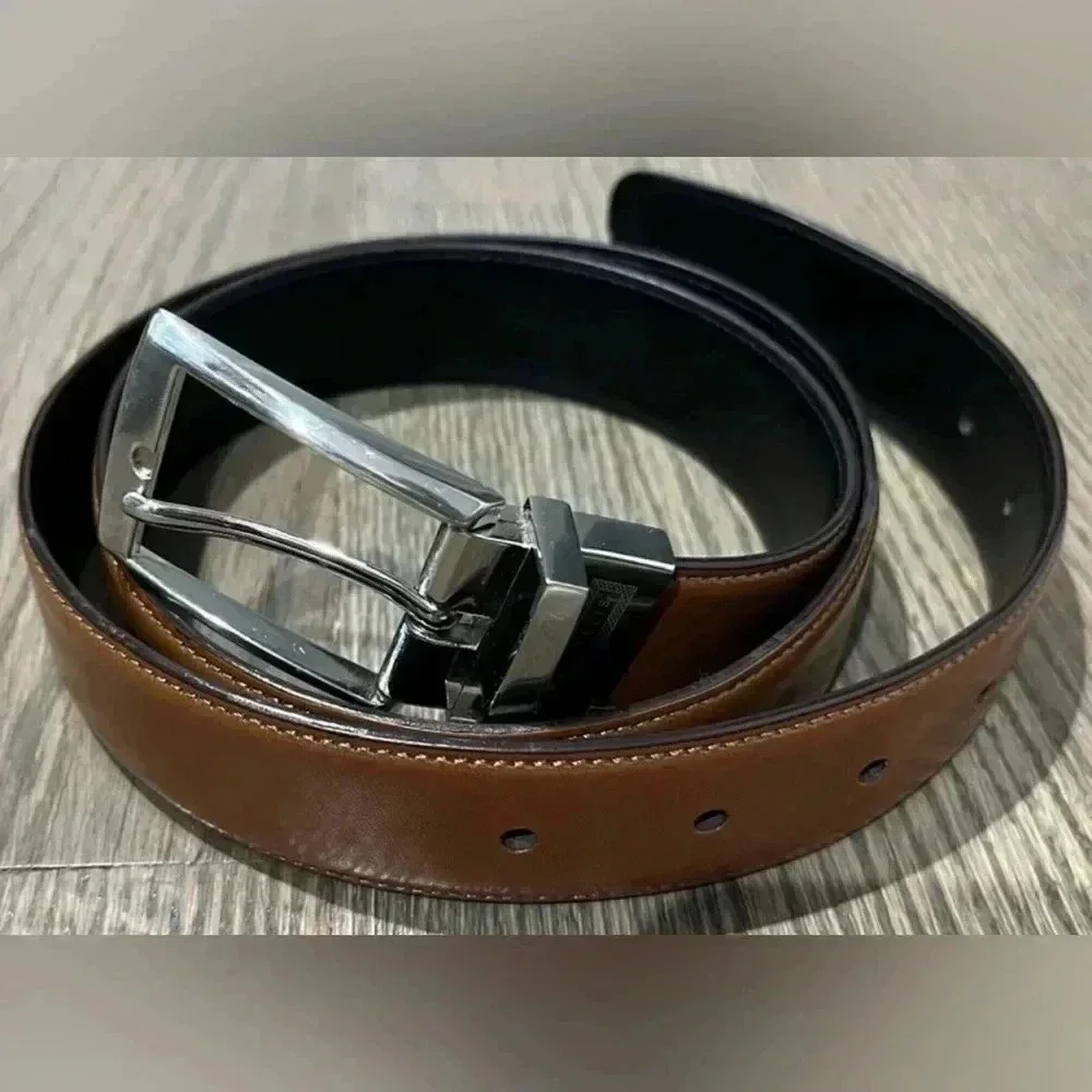 Perry Ellis Men’s Black Brown Reversible Belt Silver Tone Buckle Size 38 NWT